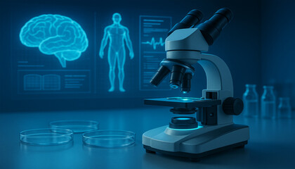 Futuristic microscope with brain and medical hologram projections on sterile lab bench