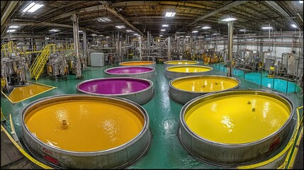 Colorful Industrial Mixing Tanks in a Production Facility Surrounded by Bright Pigments and Machinery