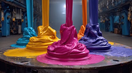 Vivid Colors Flowing From Containers in Industrial Workshop with Glossy Texture and Bright Lighting Effects