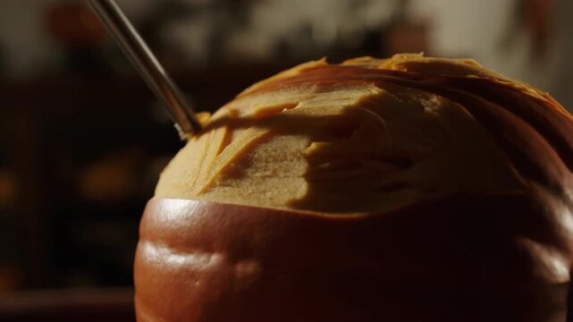 Close-up of pumpkin being carved with knife in low light, capturing autumn tradition and Halloween preparation. Seasonal craft, festive creativity and cozy fall atmosphere in warm indoor setting.