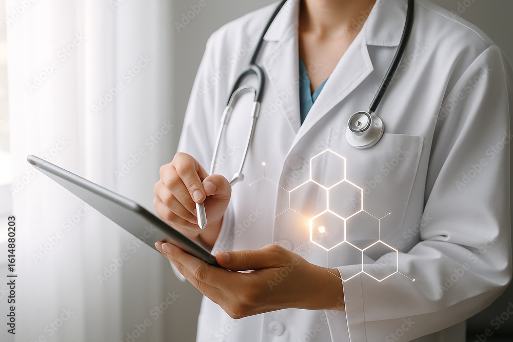 Poster ai generated medical professional writing on tablet with digital interface overlay showing futuristi