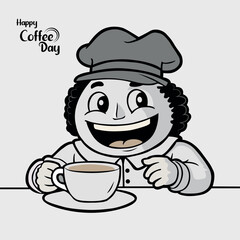 Happy coffee day, cartoon character drinking coffee cup, vector for celebration 1st october design