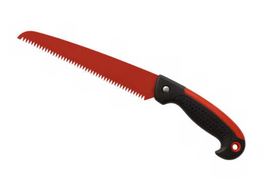 Compact red folding saw featuring ergonomic black-red handle, designed for wilderness survival and professional outdoor work