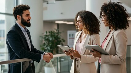 A man and two women in business attire engaged in a positive discussion in a modern office - Powered by Adobe