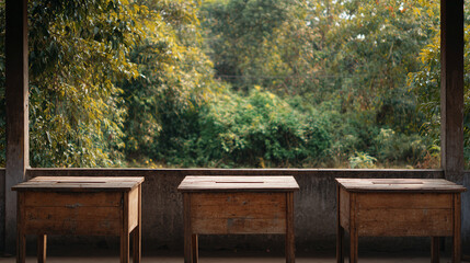 Experience the Harmony of Nature and Learning in a Serene Wooden Workspace Surrounded by Lush Greenery for Mindfulness and Reflection