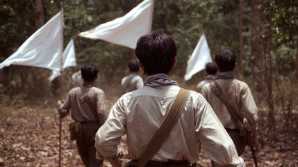 A Powerful Display of Unity and Resistance: Individuals Marching Together with Flags in a Forest Setting, Symbolizing Hope and the Fight for Social Change