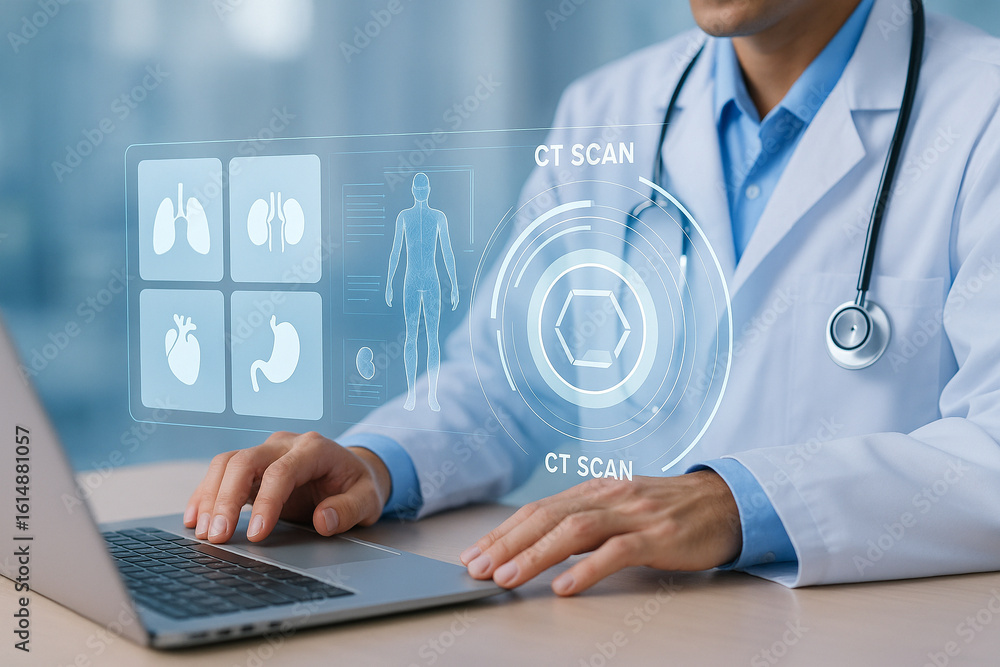 Aufkleber ai generated doctor using laptop while interacting with transparent holographic interface showing ct