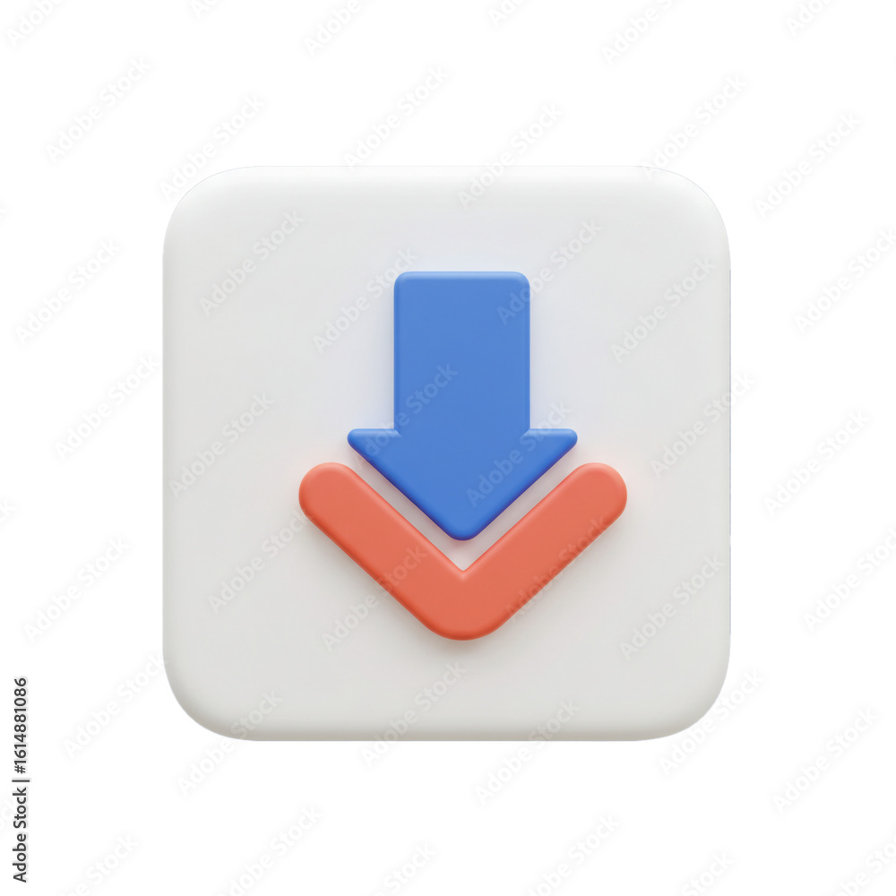Poster a simple three-dimensional icon representing a downward download or save function with a modern and 