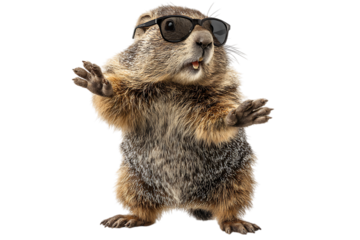 Groundhog wearing sunglasses standing up isolated on transparent background