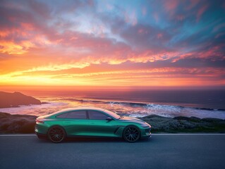 Naklejka premium A sleek, green electric car drives along a coastal highway during a vibrant sunset, creating a stunning landscape scene.