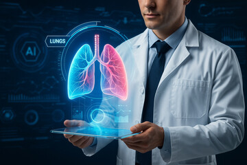 AI generated image of a male doctor holding a digital tablet displaying glowing holographic lungs with medical data overlay in a sci fi interface