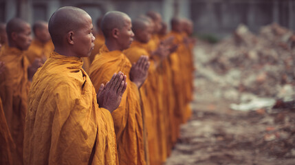 Captured Serenity: Monks Engaged in Prayer Rituals Amidst a Tranquil Setting, Emphasizing Community, Faith, and the Spiritual Journey in Buddhism