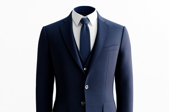Sharp navy blue three-piece suit with white shirt and tie, perfect for professional occasions