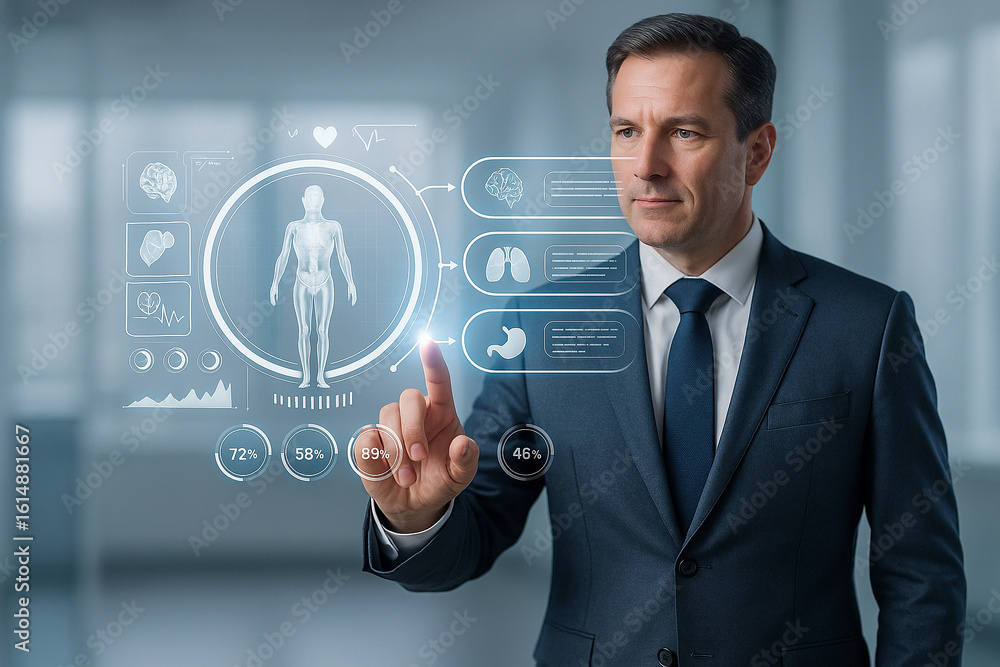 Poster ai generated a modern medical concept showing a confident man using a futuristic health dashboard wi