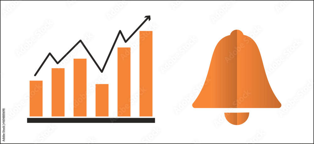 Poster notification growth, orange bell icon with rising business bar and line graph representing alert per