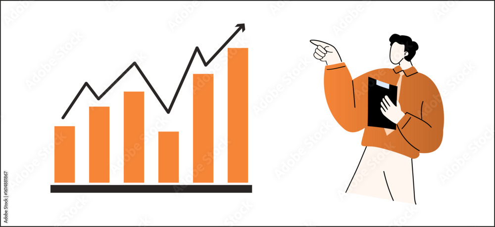 Poster business analytics, man with clipboard pointing at rising orange bar and line graph showing data ana