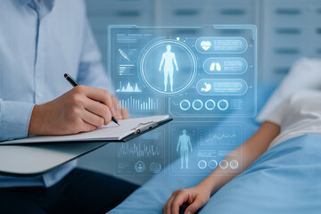 AI generated a high tech medical scene showing a doctor recording data while a holographic human interface displays vital organs and real time health analytics in a clean modern workspace