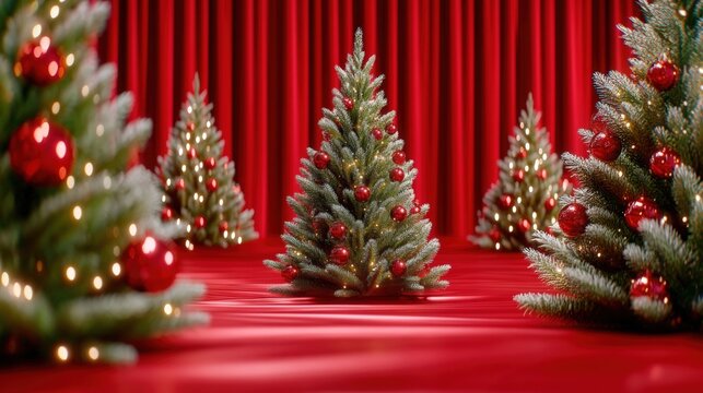 Multiple Christmas trees decorated with red ornaments in a festive indoor setting with bright lighting.