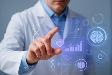 AI generated medical expert interacts with floating holographic interface showing health data and digital diagnostics in a clean futuristic setting