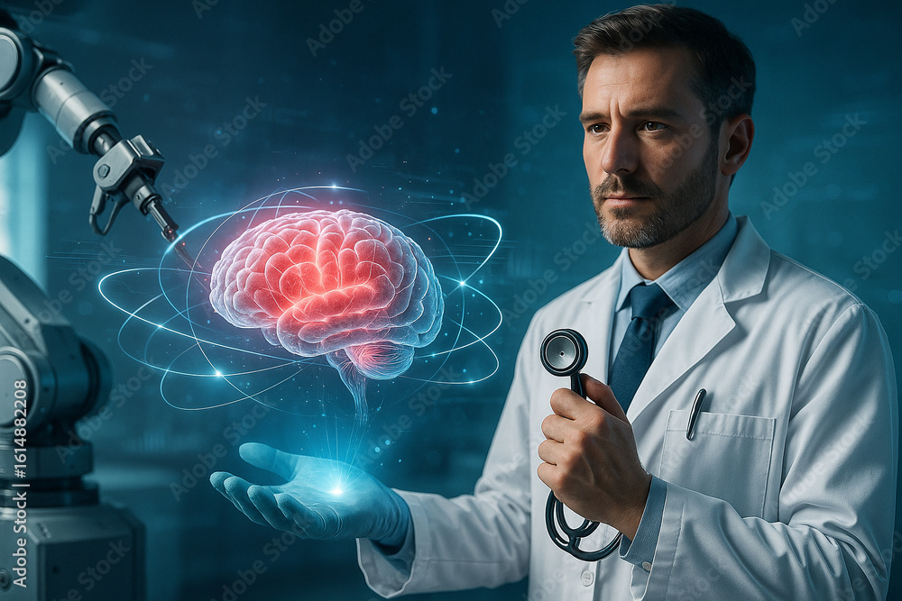 Aufkleber ai generated futuristic medical scene showing a holographic brain surrounded by digital data with a 