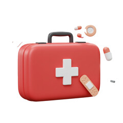 Obraz premium A vibrant illustration of a first aid kit with scattered pills and a bandage ready to assist with health and wellness needs.