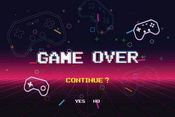 Game Over. continue. Modern trendy game background with lighting effect. Vector illustration