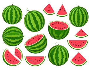 Watermelon slices and whole watermelons in various positions, bright red and green