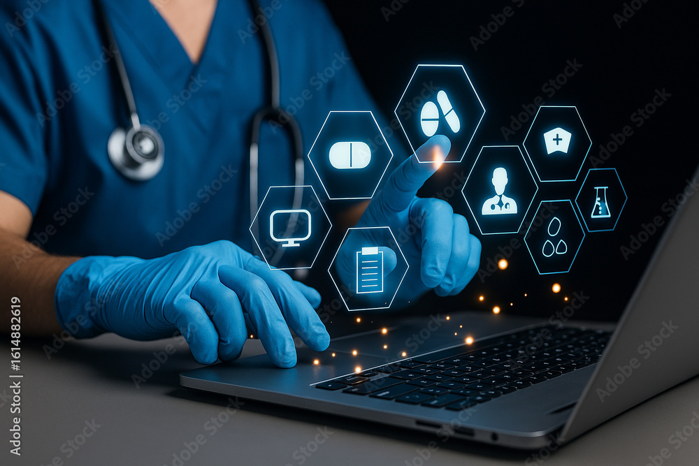 Poster ai generated image of gloved medical hands interacting with a glowing holographic interface above a 
