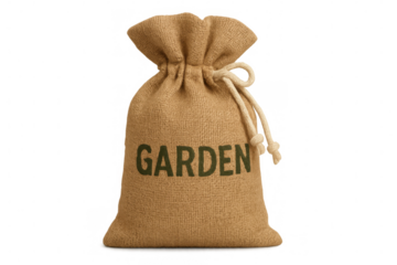 Burlap sack with garden label containing gardening supplies, isolated on transparent background, ready for composting or planting