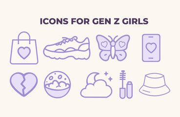 Gen Z girl aesthetic line icons pack &ndash; purple style with heart, phone, foam soap bowl, sneaker, makeup, moon, shopping bag, cloud, and butterfly
