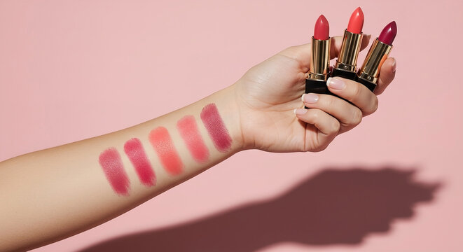 Various lipstick shades tested on the arm against a pink background in natural light