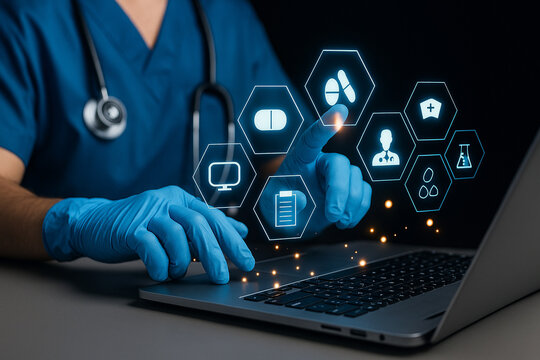 AI generated image of gloved medical hands interacting with a glowing holographic interface above a laptop conveying digital healthcare technology and data integration