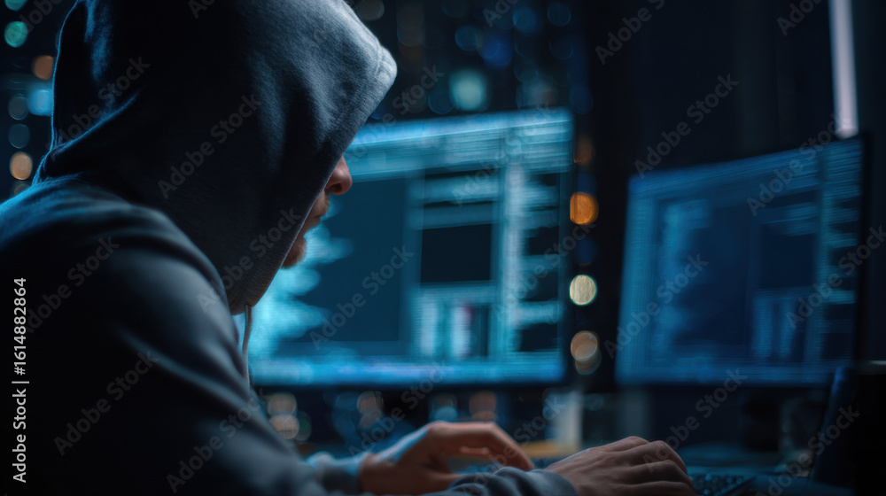 Poster hooded figure working computer dark room, illuminated by screens, creating mysterious atmosphere