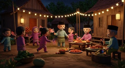 Malaysian Family Gathering Night: A heartwarming 3D animation of a family celebrating together under the warm glow of lights, sharing food and joy.