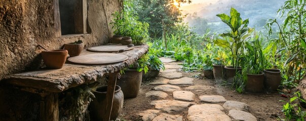 Rustic stone path beside an ancient mud house with clay pots and lush greenery, bathed in warm sunlight at sunrise.