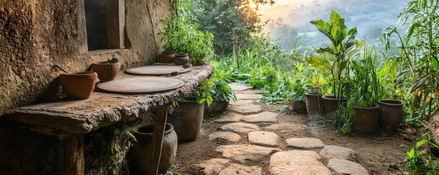 Rustic stone path beside an ancient mud house with clay pots and lush greenery, bathed in warm sunlight at sunrise.