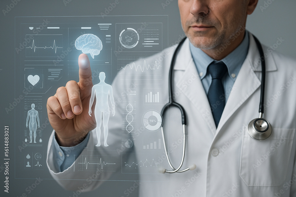 Poster ai generated medical scene showing a doctor in white coat interacting with a glowing holographic int