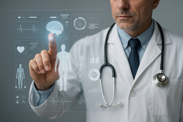 AI generated medical scene showing a doctor in white coat interacting with a glowing holographic interface featuring biometric data anatomical diagrams and health analytics in modern clinical setting