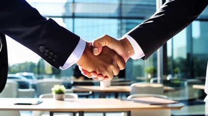 Close-Up Handshake Between Confident Business Executives in Modern Office with Sunlight, Symbolizing Trust, Partnership, and Successful Deal Closing in Slow Motion