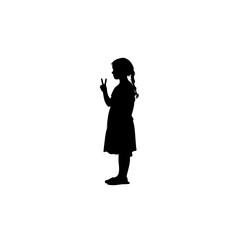 Black Silhouette Girl Kid Peace Sign – Flat Vector Illustration on White Background