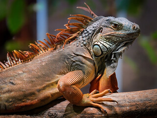 Iguana iguana perched calmly with textured skin and sharp claws in natural environment.
Detailed view of green iguana’s face and spines in lush tropical surroundings.