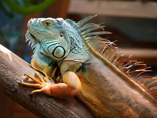 Wildlife portrait of green iguana in rainforest setting with blurred foliage behind.
Iguana iguana perched calmly with textured skin and sharp claws in natural environment.