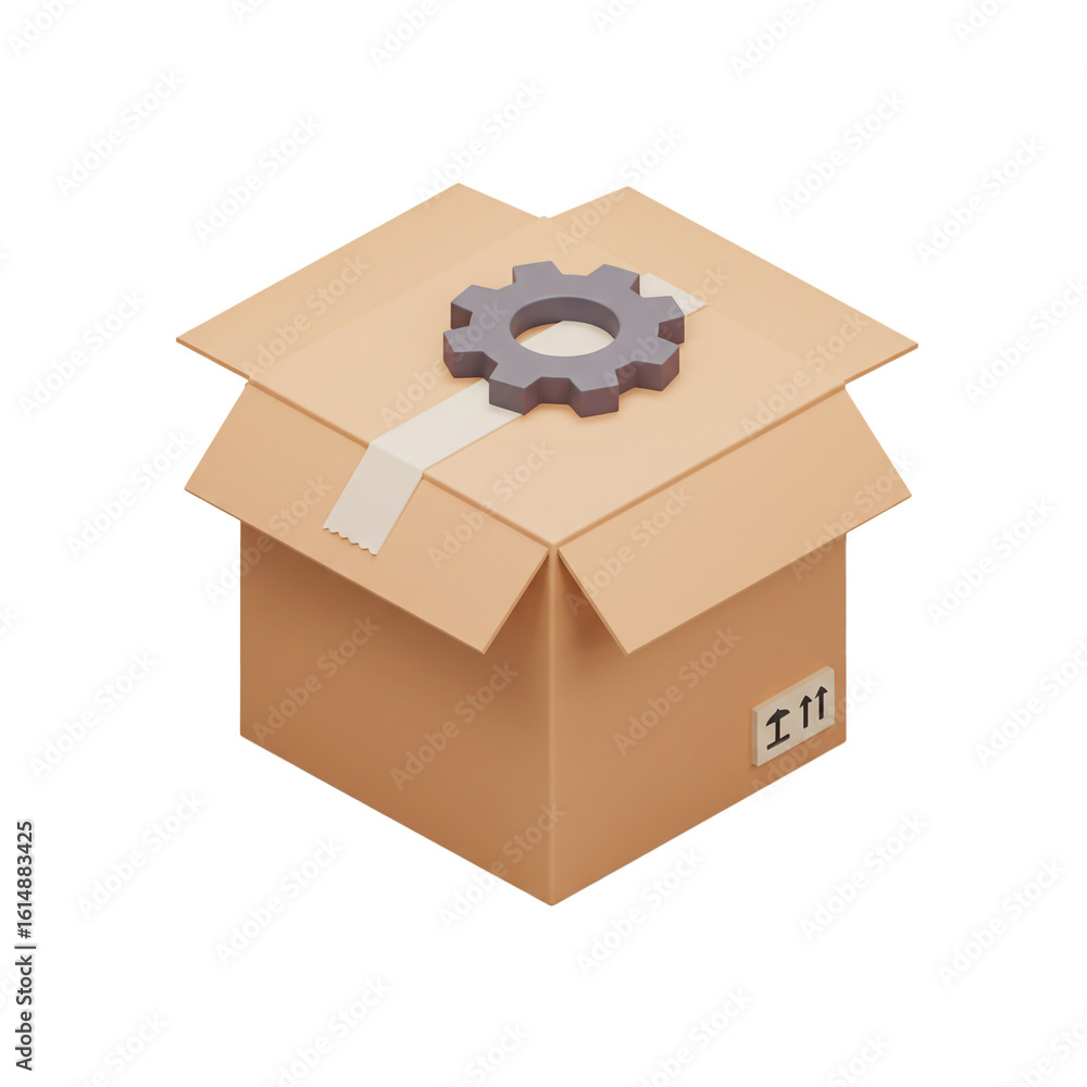 Poster a cardboard box with open flaps is sealed with tape and a gear sits on top symbolizing processes and