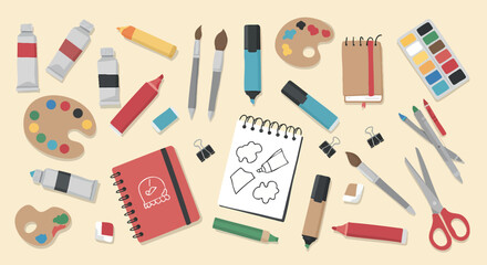Art supplies scattered flat vector illustration