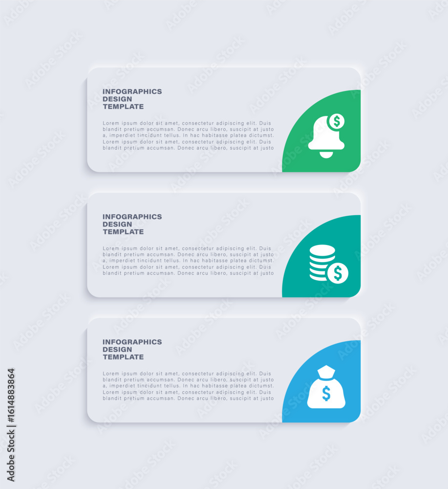 Poster neumorphism clean business infographic template with icons and text. three steps process vertical in