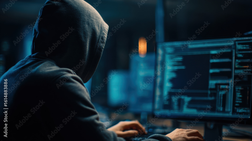Poster person hoodie works intently computer, surrounded by glowing screens displaying code and data