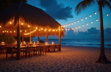 Tropical beachside dining setup features tables set under thatched roof, illuminated by warm string lights. Ocean waves gently lap shore under twilight sky. Palm trees frame serene, romantic evening
