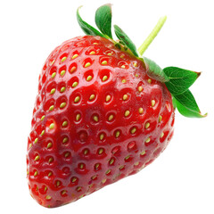 Single, vibrant red strawberry with green leaves (126)
