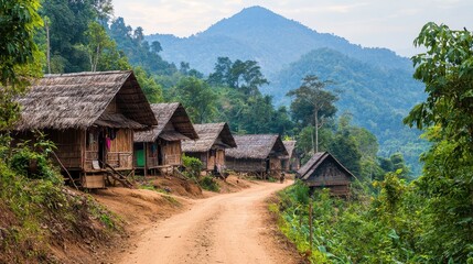 Obraz premium A rustic dirt road winds through a village of traditional thatched wooden huts nestled in lush green mountains under a cloudy sky.