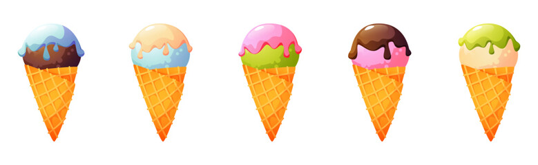 Five cones with a ball of ice cream with frosting, different flavors and colors: vanilla, chocolate, strawberry, and pistachio. Summer dessert. Image on a white background, vector illustration.